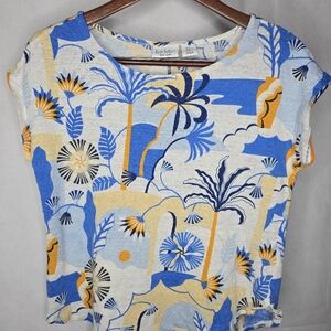 Nicole Miller Linen Tee Short Sleeve Ivory Blue Yellow Tropical Beachy Floral XL
